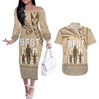 Tonga Father's Day Couples Matching Off The Shoulder Long Sleeve Dress and Hawaiian Shirt Best Dad Ever Tongan Ngatu Pattern - Beige LT14 Beige - Polynesian Pride