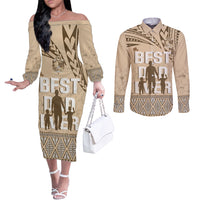 Tonga Father's Day Couples Matching Off The Shoulder Long Sleeve Dress and Long Sleeve Button Shirt Best Dad Ever Tongan Ngatu Pattern - Beige LT14 Beige - Polynesian Pride