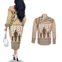 Tonga Father's Day Couples Matching Off The Shoulder Long Sleeve Dress and Long Sleeve Button Shirt Best Dad Ever Tongan Ngatu Pattern - Beige LT14 - Polynesian Pride