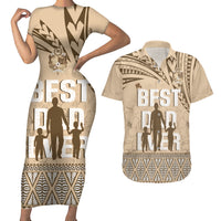 Tonga Father's Day Couples Matching Short Sleeve Bodycon Dress and Hawaiian Shirt Best Dad Ever Tongan Ngatu Pattern - Beige LT14 Beige - Polynesian Pride