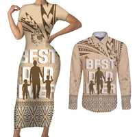 Tonga Father's Day Couples Matching Short Sleeve Bodycon Dress and Long Sleeve Button Shirt Best Dad Ever Tongan Ngatu Pattern - Beige LT14 Beige - Polynesian Pride