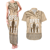 Tonga Father's Day Couples Matching Tank Maxi Dress and Hawaiian Shirt Best Dad Ever Tongan Ngatu Pattern - Beige LT14 Beige - Polynesian Pride