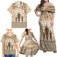 Tonga Father's Day Family Matching Off Shoulder Maxi Dress and Hawaiian Shirt Best Dad Ever Tongan Ngatu Pattern - Beige LT14 - Polynesian Pride