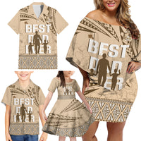 Tonga Father's Day Family Matching Off Shoulder Short Dress and Hawaiian Shirt Best Dad Ever Tongan Ngatu Pattern - Beige LT14 - Polynesian Pride