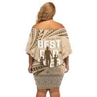 Tonga Father's Day Family Matching Off Shoulder Short Dress and Hawaiian Shirt Best Dad Ever Tongan Ngatu Pattern - Beige LT14 - Polynesian Pride