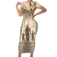 Tonga Father's Day Family Matching Short Sleeve Bodycon Dress and Hawaiian Shirt Best Dad Ever Tongan Ngatu Pattern - Beige LT14 Mom's Dress Beige - Polynesian Pride