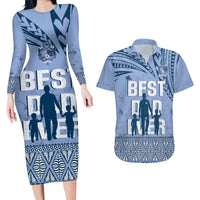 Tonga Father's Day Couples Matching Long Sleeve Bodycon Dress and Hawaiian Shirt Best Dad Ever Tongan Ngatu Pattern - Blue LT14 Blue - Polynesian Pride
