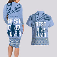 Tonga Father's Day Couples Matching Long Sleeve Bodycon Dress and Hawaiian Shirt Best Dad Ever Tongan Ngatu Pattern - Blue LT14 - Polynesian Pride