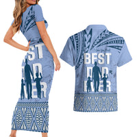Tonga Father's Day Couples Matching Short Sleeve Bodycon Dress and Hawaiian Shirt Best Dad Ever Tongan Ngatu Pattern - Blue LT14 - Polynesian Pride