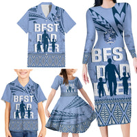 Tonga Father's Day Family Matching Long Sleeve Bodycon Dress and Hawaiian Shirt Best Dad Ever Tongan Ngatu Pattern - Blue LT14 - Polynesian Pride