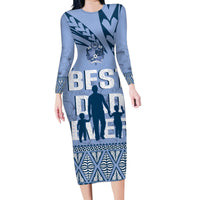 Tonga Father's Day Family Matching Long Sleeve Bodycon Dress and Hawaiian Shirt Best Dad Ever Tongan Ngatu Pattern - Blue LT14 Mom's Dress Blue - Polynesian Pride
