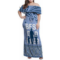 Tonga Father's Day Family Matching Off Shoulder Maxi Dress and Hawaiian Shirt Best Dad Ever Tongan Ngatu Pattern - Blue LT14 Mom's Dress Blue - Polynesian Pride