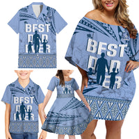 Tonga Father's Day Family Matching Off Shoulder Short Dress and Hawaiian Shirt Best Dad Ever Tongan Ngatu Pattern - Blue LT14 - Polynesian Pride