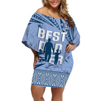 Tonga Father's Day Family Matching Off Shoulder Short Dress and Hawaiian Shirt Best Dad Ever Tongan Ngatu Pattern - Blue LT14 Mom's Dress Blue - Polynesian Pride