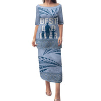 Tonga Father's Day Family Matching Puletasi and Hawaiian Shirt Best Dad Ever Tongan Ngatu Pattern - Blue LT14 Mom's Dress Blue - Polynesian Pride