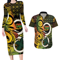 Vanuatu 1980 Couples Matching Long Sleeve Bodycon Dress and Hawaiian Shirt Ni-Van Tamtam Sand Drawing Pattern LT14 Black - Polynesian Pride