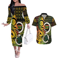 Vanuatu 1980 Couples Matching Off The Shoulder Long Sleeve Dress and Hawaiian Shirt Ni-Van Tamtam Sand Drawing Pattern LT14 Black - Polynesian Pride
