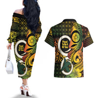 Vanuatu 1980 Couples Matching Off The Shoulder Long Sleeve Dress and Hawaiian Shirt Ni-Van Tamtam Sand Drawing Pattern LT14 - Polynesian Pride