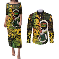 Vanuatu 1980 Couples Matching Puletasi and Long Sleeve Button Shirt Ni-Van Tamtam Sand Drawing Pattern