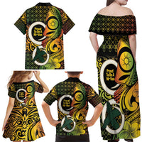 Vanuatu 1980 Family Matching Off Shoulder Maxi Dress and Hawaiian Shirt Ni-Van Tamtam Sand Drawing Pattern LT14 - Polynesian Pride