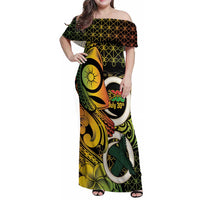 Vanuatu 1980 Family Matching Off Shoulder Maxi Dress and Hawaiian Shirt Ni-Van Tamtam Sand Drawing Pattern LT14 Mom's Dress Black - Polynesian Pride