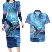 New Zealand Matariki Humpback Whale Couples Matching Long Sleeve Bodycon Dress and Hawaiian Shirt Paikea Maori New Year Blue Galaxy LT14 Blue - Polynesian Pride
