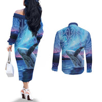New Zealand Matariki Humpback Whale Couples Matching Off The Shoulder Long Sleeve Dress and Long Sleeve Button Shirt Paikea Maori New Year Blue Galaxy LT14 - Polynesian Pride