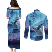 New Zealand Matariki Humpback Whale Couples Matching Puletasi and Long Sleeve Button Shirt Paikea Maori New Year Blue Galaxy LT14 - Polynesian Pride
