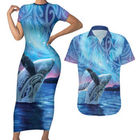 New Zealand Matariki Humpback Whale Couples Matching Short Sleeve Bodycon Dress and Hawaiian Shirt Paikea Maori New Year Blue Galaxy LT14 Blue - Polynesian Pride