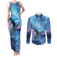 New Zealand Matariki Humpback Whale Couples Matching Tank Maxi Dress and Long Sleeve Button Shirt Paikea Maori New Year Blue Galaxy LT14 Blue - Polynesian Pride