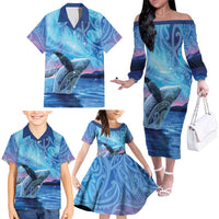New Zealand Matariki Humpback Whale Family Matching Off The Shoulder Long Sleeve Dress and Hawaiian Shirt Paikea Maori New Year Blue Galaxy LT14 - Polynesian Pride