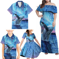 New Zealand Matariki Humpback Whale Family Matching Off Shoulder Maxi Dress and Hawaiian Shirt Paikea Maori New Year Blue Galaxy LT14 - Polynesian Pride
