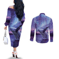 New Zealand Matariki Humpback Whale Couples Matching Off The Shoulder Long Sleeve Dress and Long Sleeve Button Shirt Paikea Maori New Year Purple Galaxy LT14 - Polynesian Pride