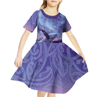 New Zealand Matariki Humpback Whale Kid Short Sleeve Dress Paikea Maori New Year Purple Galaxy LT14 - Polynesian Pride
