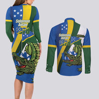 Solomon Islands Independence Day Couples Matching Long Sleeve Bodycon Dress and Long Sleeve Button Shirt Happy 7 July Crocodile Flag Style LT14 - Polynesian Pride