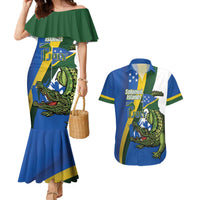 Solomon Islands Independence Day Couples Matching Mermaid Dress and Hawaiian Shirt Happy 7 July Crocodile Flag Style LT14 Blue - Polynesian Pride