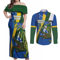 Solomon Islands Independence Day Couples Matching Off Shoulder Maxi Dress and Long Sleeve Button Shirt Happy 7 July Crocodile Flag Style LT14 Blue - Polynesian Pride