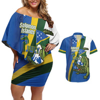 Solomon Islands Independence Day Couples Matching Off Shoulder Short Dress and Hawaiian Shirt Happy 7 July Crocodile Flag Style LT14 Blue - Polynesian Pride