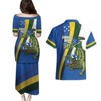 Solomon Islands Independence Day Couples Matching Puletasi and Hawaiian Shirt Happy 7 July Crocodile Flag Style LT14 - Polynesian Pride