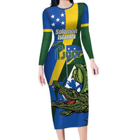 Solomon Islands Independence Day Family Matching Long Sleeve Bodycon Dress and Hawaiian Shirt Happy 7 July Crocodile Flag Style LT14 Mom's Dress Blue - Polynesian Pride
