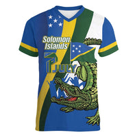 Solomon Islands Independence Day Women V-Neck T-Shirt Happy 7 July Crocodile Flag Style LT14 Female Blue - Polynesian Pride