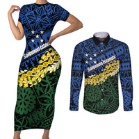 Halo Olaketa Solomon Islands Tapa Pattern Couples Matching Short Sleeve Bodycon Dress and Long Sleeve Button Shirt LT14 Blue - Polynesian Pride