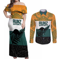 AUNZ Rugby Custom Couples Matching Off Shoulder Maxi Dress and Long Sleeve Button Shirt Australia Kangaroo New Zealand Silver Fern LT14 Yellow - Polynesian Pride