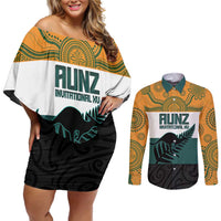 AUNZ Rugby Custom Couples Matching Off Shoulder Short Dress and Long Sleeve Button Shirt Australia Kangaroo New Zealand Silver Fern LT14 Yellow - Polynesian Pride