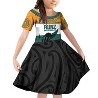 AUNZ Rugby Custom Family Matching Off Shoulder Short Dress and Hawaiian Shirt Australia Kangaroo New Zealand Silver Fern LT14 Daughter's Dress Yellow - Polynesian Pride