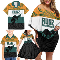 AUNZ Rugby Custom Family Matching Off Shoulder Short Dress and Hawaiian Shirt Australia Kangaroo New Zealand Silver Fern LT14 - Polynesian Pride
