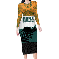 AUNZ Rugby Custom Long Sleeve Bodycon Dress Australia Kangaroo New Zealand Silver Fern LT14 Long Dress Yellow - Polynesian Pride
