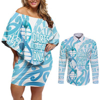 Personalised New Zealand Darts Couples Matching Off Shoulder Short Dress and Long Sleeve Button Shirt Aotearoa Maori Its In My DNA White LT14 White - Polynesian Pride