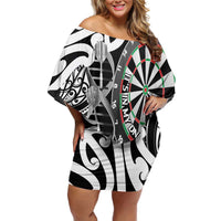 Personalised New Zealand Darts Family Matching Off Shoulder Short Dress and Hawaiian Shirt Aotearoa Maori Its In My DNA Black LT14 Mom's Dress Black - Polynesian Pride