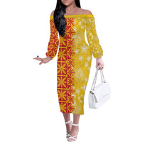 Kahili Quilt Hawaii Off The Shoulder Long Sleeve Dress Tropical Flower Seamless Half Style